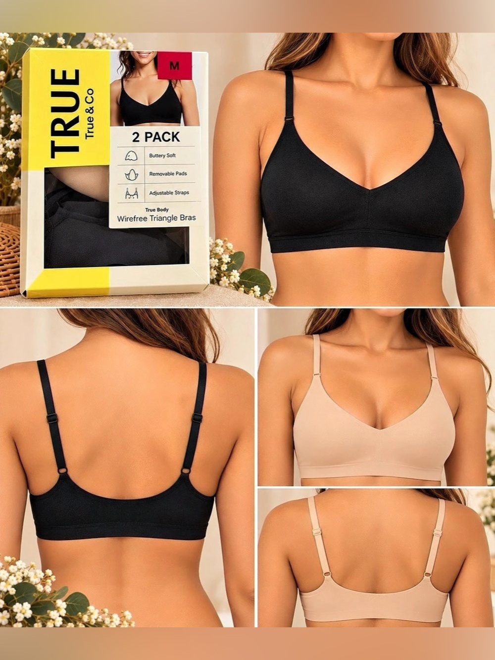 True & Co True Body Wirefree Triangle Bra 2-Pack Black & Beige Medium